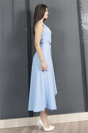 Asimetrik Kesim Kare Yaka İp Kuşak Detaylı Elbise 50323