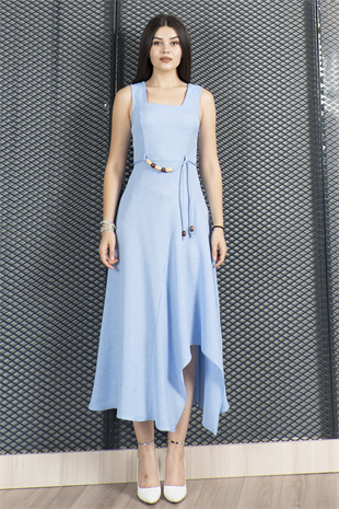 Asimetrik Kesim Kare Yaka İp Kuşak Detaylı Elbise 50323