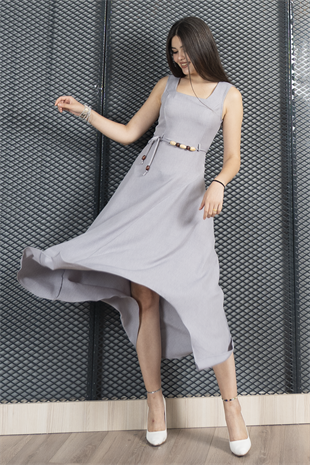 Asimetrik Kesim Kare Yaka İp Kuşak Detaylı Elbise 50323