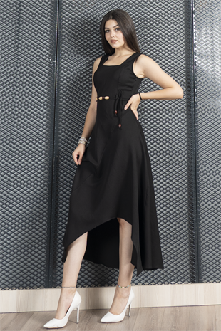 Asimetrik Kesim Kare Yaka İp Kuşak Detaylı Elbise 50323