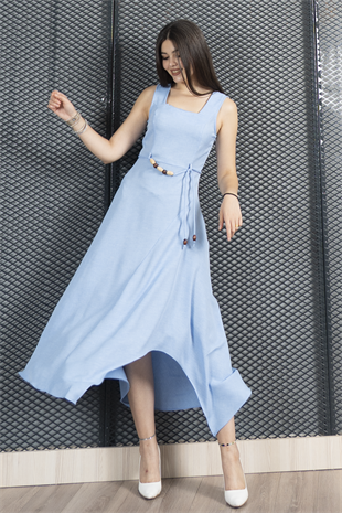 Asimetrik Kesim Kare Yaka İp Kuşak Detaylı Elbise 50323