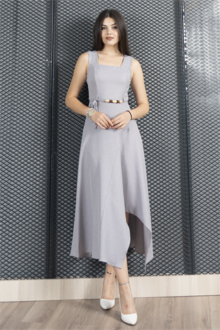 Asimetrik Kesim Kare Yaka İp Kuşak Detaylı Elbise 50323