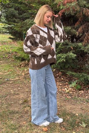 Baklava Desen Salaş Oversize Yün Hırka 27331