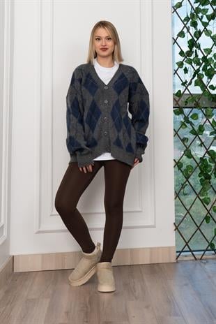 Baklava Desen Salaş Oversize Yün Hırka 27331