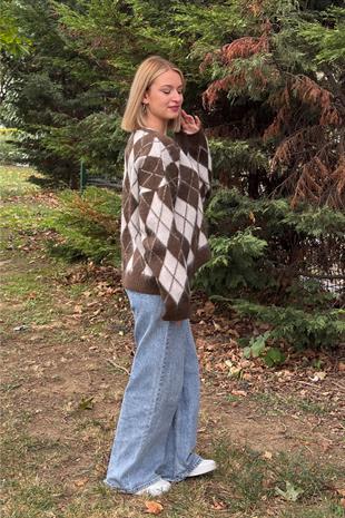 Baklava Desen Salaş Oversize Yün Hırka 27331