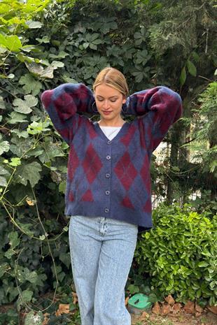 Baklava Desen Salaş Oversize Yün Hırka 27331