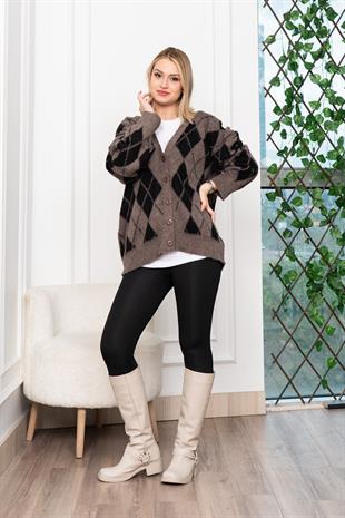 Baklava Desen Salaş Oversize Yün Hırka 27331