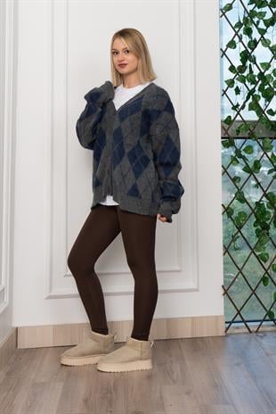 Baklava Desen Salaş Oversize Yün Hırka 27331