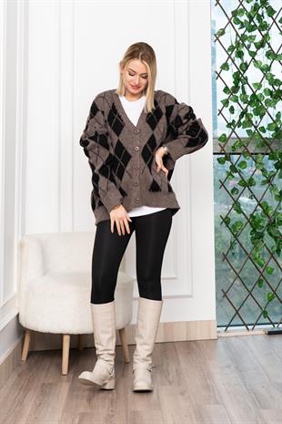 Baklava Desen Salaş Oversize Yün Hırka 27331
