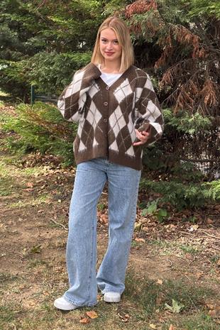 Baklava Desen Salaş Oversize Yün Hırka 27331