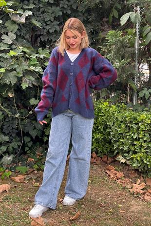 Baklava Desen Salaş Oversize Yün Hırka 27331