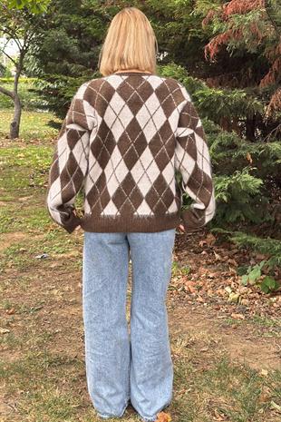 Baklava Desen Salaş Oversize Yün Hırka 27331