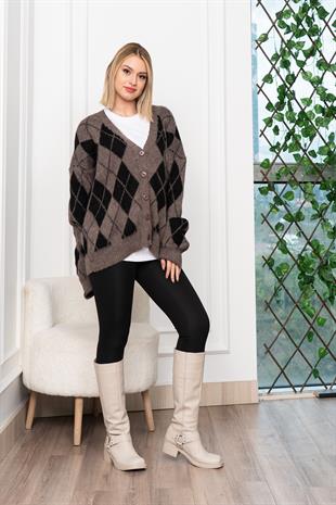 Baklava Desen Salaş Oversize Yün Hırka 27331