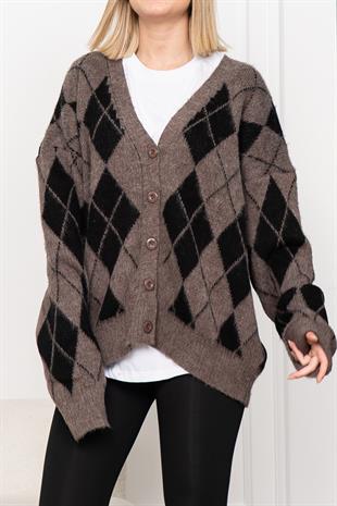 Baklava Desen Salaş Oversize Yün Hırka 27331