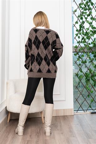 Baklava Desen Salaş Oversize Yün Hırka 27331