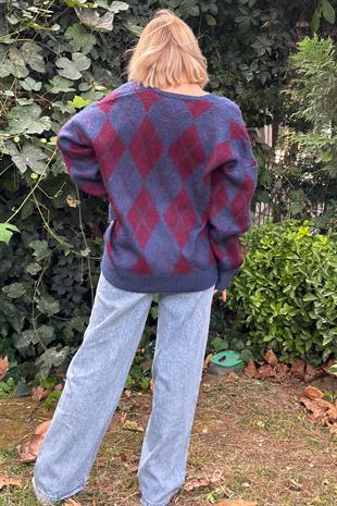 Baklava Desen Salaş Oversize Yün Hırka 27331