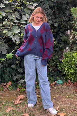 Baklava Desen Salaş Oversize Yün Hırka 27331