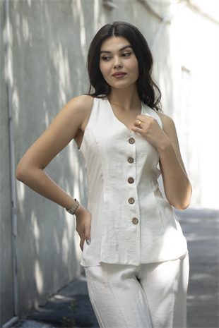 Balık Sırtı Yelek Ve Beli Arkadan Lastikli Pensli Bol Paça Pantolon 1246