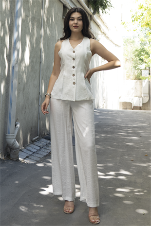 Balık Sırtı Yelek Ve Beli Arkadan Lastikli Pensli Bol Paça Pantolon 1246