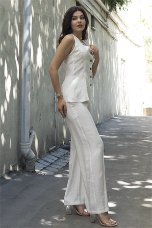 Balık Sırtı Yelek Ve Beli Arkadan Lastikli Pensli Bol Paça Pantolon 1246