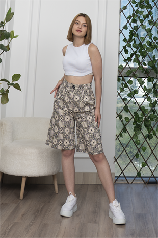 Baskılı Uzun Gabardin Kot Şort 30159