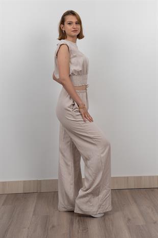 Beli Gipeli Çizgili Üst ve Cepli Pantolon Takım 1247