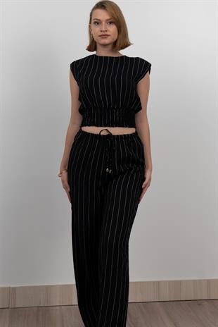 Beli Gipeli Çizgili Üst ve Cepli Pantolon Takım 1247