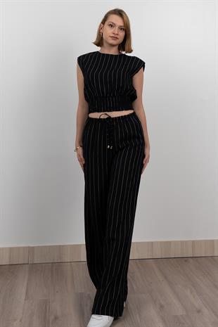 Beli Gipeli Çizgili Üst ve Cepli Pantolon Takım 1247