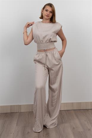 Beli Gipeli Çizgili Üst ve Cepli Pantolon Takım 1247