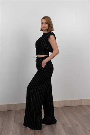 Beli Gipeli Çizgili Üst ve Cepli Pantolon Takım 1247