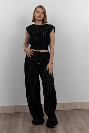 Beli Gipeli Çizgili Üst ve Cepli Pantolon Takım 1247