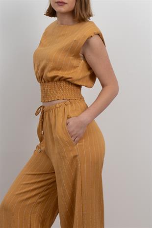 Beli Gipeli Çizgili Üst ve Cepli Pantolon Takım 1247