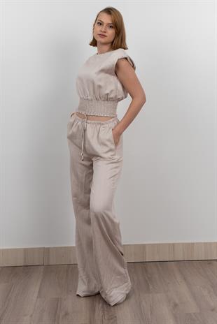 Beli Gipeli Çizgili Üst ve Cepli Pantolon Takım 1247