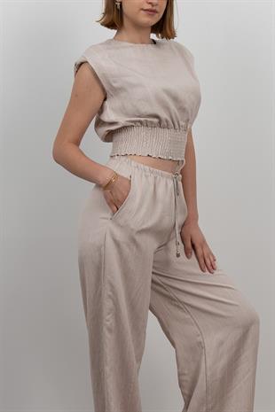 Beli Gipeli Çizgili Üst ve Cepli Pantolon Takım 1247