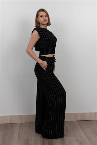 Beli Gipeli Çizgili Üst ve Cepli Pantolon Takım 1247