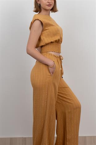 Beli Gipeli Çizgili Üst ve Cepli Pantolon Takım 1247