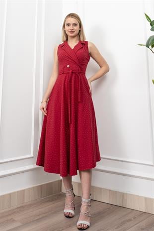 Beli Kuşaklı Yakalı Ve Taş Detaylı Uzun Elbise 50338