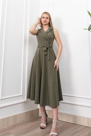 Beli Kuşaklı Yakalı Ve Taş Detaylı Uzun Elbise 50338