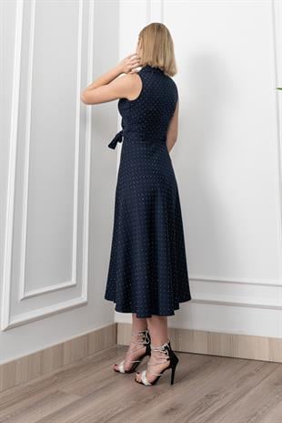 Beli Kuşaklı Yakalı Ve Taş Detaylı Uzun Elbise 50338