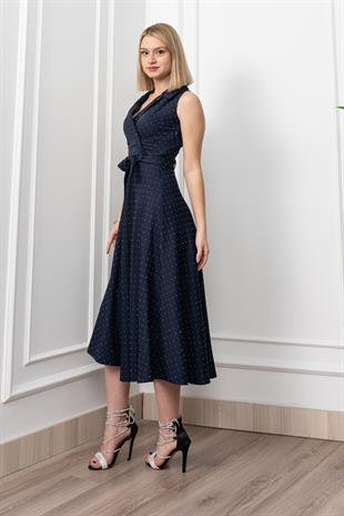 Beli Kuşaklı Yakalı Ve Taş Detaylı Uzun Elbise 50338