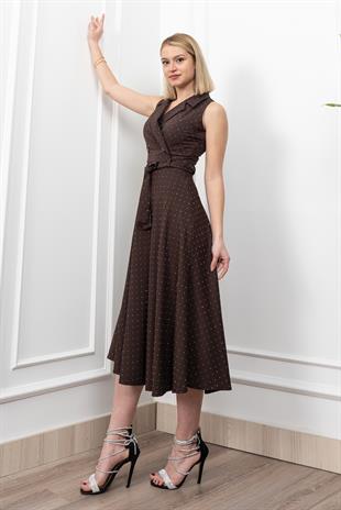 Beli Kuşaklı Yakalı Ve Taş Detaylı Uzun Elbise 50338