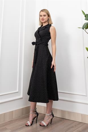 Beli Kuşaklı Yakalı Ve Taş Detaylı Uzun Elbise 50338