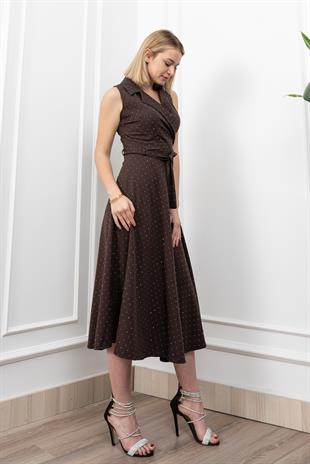 Beli Kuşaklı Yakalı Ve Taş Detaylı Uzun Elbise 50338