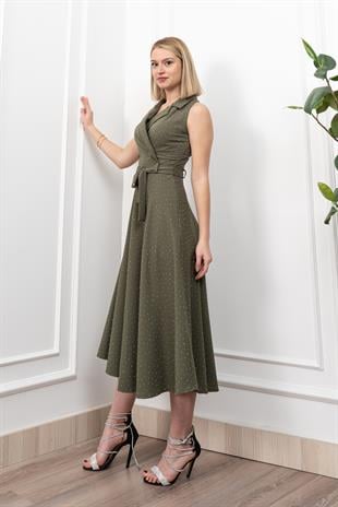 Beli Kuşaklı Yakalı Ve Taş Detaylı Uzun Elbise 50338