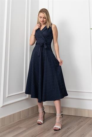 Beli Kuşaklı Yakalı Ve Taş Detaylı Uzun Elbise 50338