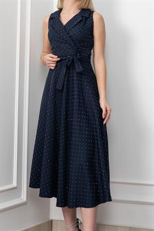 Beli Kuşaklı Yakalı Ve Taş Detaylı Uzun Elbise 50338