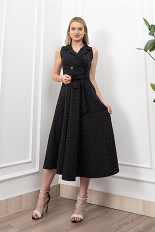 Beli Kuşaklı Yakalı Ve Taş Detaylı Uzun Elbise 50338