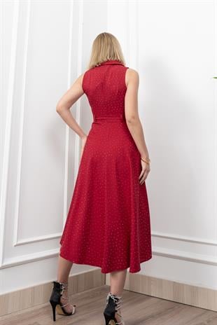 Beli Kuşaklı Yakalı Ve Taş Detaylı Uzun Elbise 50338