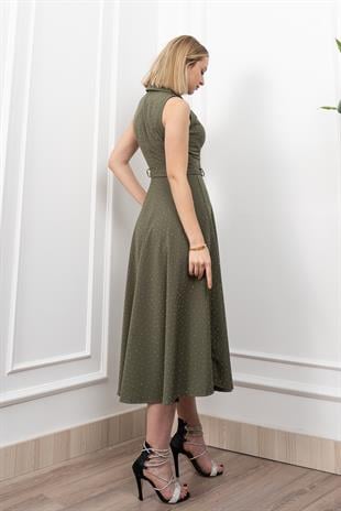 Beli Kuşaklı Yakalı Ve Taş Detaylı Uzun Elbise 50338