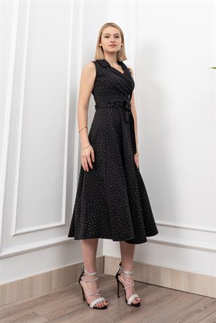 Beli Kuşaklı Yakalı Ve Taş Detaylı Uzun Elbise 50338